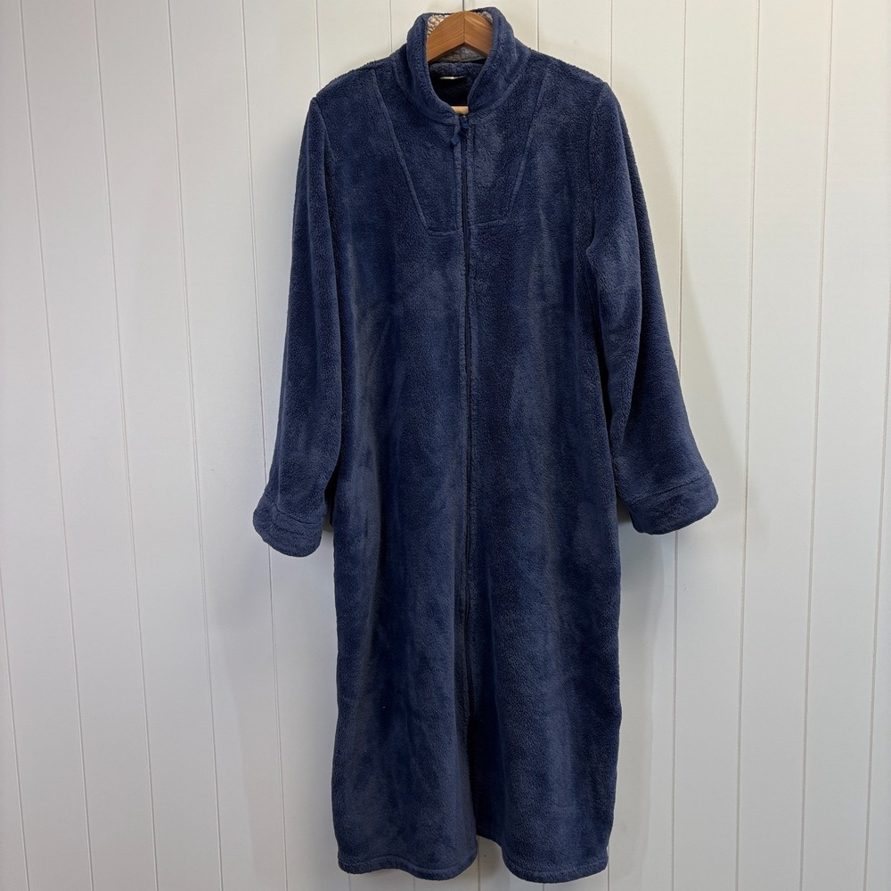Vintage LL Bean Women Plush Loungewear House Robe Size L XL Blue Fuzzy Classic